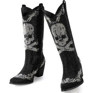 ⚡Women’s Skull Black Rhinestone Cowboy Boots Mid Calf Pointed Toe Block Heel